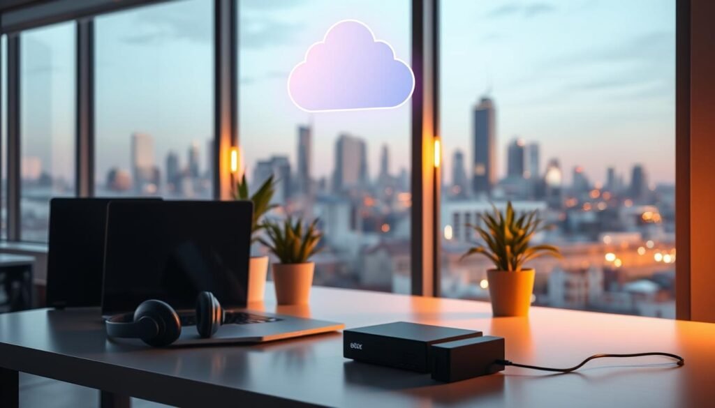A well-lit home office setup with a sleek, modern laptop, external hard drive, and cloud storage icon hovering above. The desk is clean and minimalist, with a potted plant and a pair of wireless headphones. Ambient lighting casts a warm glow, and large windows provide natural illumination. In the background, a city skyline is visible through the glass, representing the ubiquity of cloud-based backups. The overall scene conveys efficiency, security, and a sense of control over digital assets.