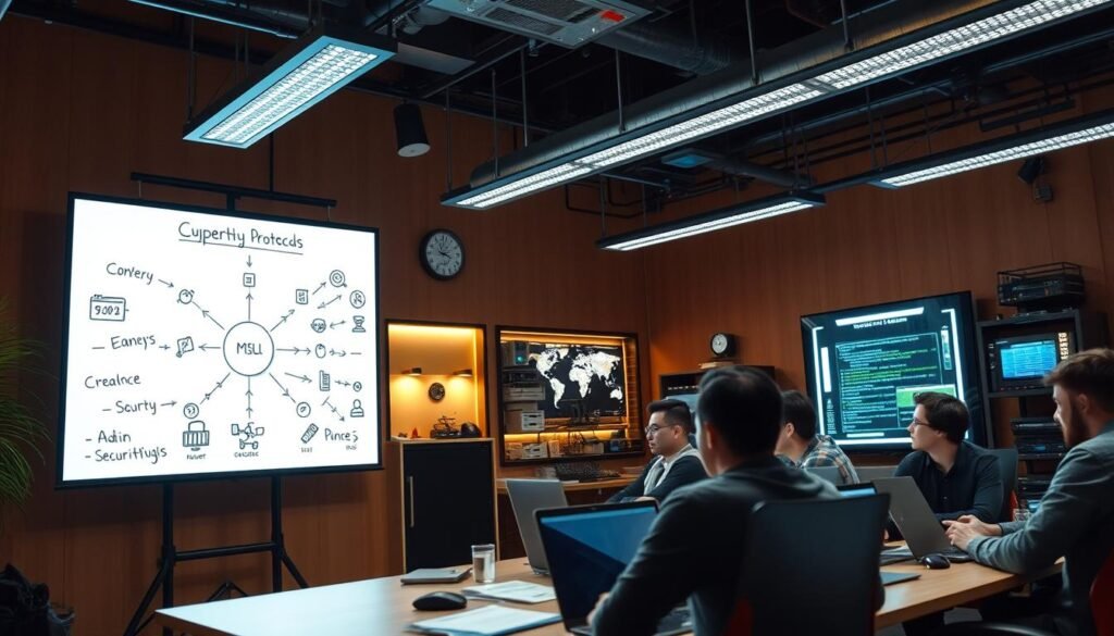 A well-lit, modern security training classroom with a team of professionals gathered around a table, laptops open and focus on the screen. In the foreground, a hand-drawn diagram of network security protocols is projected on a large screen, highlighting key concepts. The middle ground features trainees intently studying course materials, while the background showcases various security equipment and tools, conveying a sense of hands-on, immersive learning. The overall atmosphere is one of focused collaboration, with a strong emphasis on practical, high-impact cybersecurity education. A well-lit, modern security training classroom with a team of professionals gathered around a table, laptops open and focus on the screen. In the foreground, a hand-drawn diagram of network security protocols is projected on a large screen, highlighting key concepts. The middle ground features trainees intently studying course materials, while the background showcases various security equipment and tools, conveying a sense of hands-on, immersive learning. The overall atmosphere is one of focused collaboration, with a strong emphasis on practical, high-impact cybersecurity education.