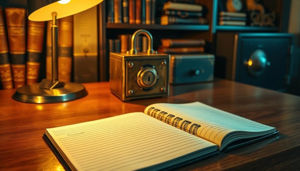 A well-lit office desk with a wooden surface, casting long shadows. In the foreground, a simple lined notebook rests open, its pages inviting the viewer to write down passwords and other sensitive information. Behind it, a vintage brass lock box stands, its intricate details gleaming under the soft lighting. In the background, shelves hold various analog storage devices - leather-bound journals, sealed envelopes, and a small fireproof safe. The scene conveys a sense of security, privacy, and the timeless reliability of offline data storage.