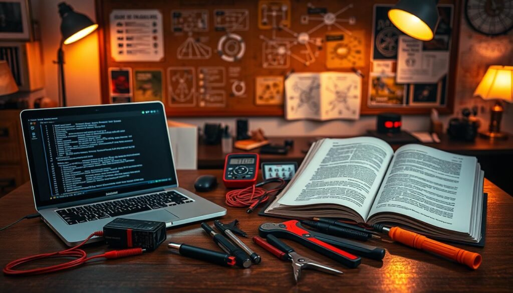 A well-lit tabletop scene showcasing an array of penetration testing tools and techniques. In the foreground, a sleek laptop displays a terminal window with lines of code, alongside a wireless network adapter and a professional-grade multimeter. In the middle ground, an open book on cybersecurity and a collection of lock-picking tools, including tension wrenches and pick sets, lie neatly arranged. The background features a tidy workspace with a corkboard displaying various network diagrams and hacking methodologies, all illuminated by the warm glow of desk lamps. The overall atmosphere conveys a sense of focus, precision, and the pursuit of cybersecurity expertise. A well-lit tabletop scene showcasing an array of penetration testing tools and techniques. In the foreground, a sleek laptop displays a terminal window with lines of code, alongside a wireless network adapter and a professional-grade multimeter. In the middle ground, an open book on cybersecurity and a collection of lock-picking tools, including tension wrenches and pick sets, lie neatly arranged. The background features a tidy workspace with a corkboard displaying various network diagrams and hacking methodologies, all illuminated by the warm glow of desk lamps. The overall atmosphere conveys a sense of focus, precision, and the pursuit of cybersecurity expertise.