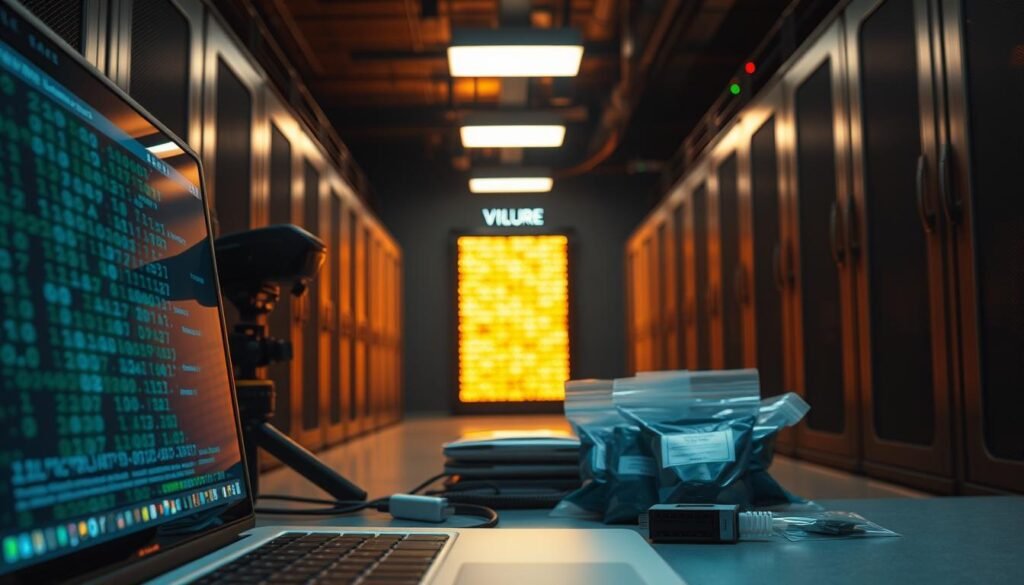 A well-lit, technologically advanced scene depicting a memory dump. In the foreground, a laptop or computer screen displays an array of hexadecimal data, representing the contents of the system's volatile memory. The middle ground features a variety of technical equipment, such as a high-resolution camera, a forensic USB adapter, and a collection of carefully labeled evidence bags. In the background, a dimly lit server room or data center sets the stage, with the hum of cooling fans and the soft glow of status lights creating a sense of technological sophistication. The overall atmosphere conveys the importance of preserving and analyzing volatile data for effective memory forensics. A well-lit, technologically advanced scene depicting a memory dump. In the foreground, a laptop or computer screen displays an array of hexadecimal data, representing the contents of the system's volatile memory. The middle ground features a variety of technical equipment, such as a high-resolution camera, a forensic USB adapter, and a collection of carefully labeled evidence bags. In the background, a dimly lit server room or data center sets the stage, with the hum of cooling fans and the soft glow of status lights creating a sense of technological sophistication. The overall atmosphere conveys the importance of preserving and analyzing volatile data for effective memory forensics.