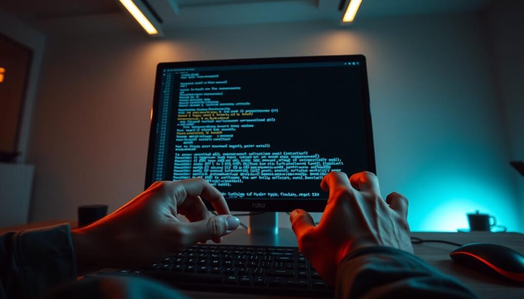 A well-lit, wide-angle shot of an individual's hands meticulously installing and verifying the Hydra security tool on a desktop computer. The foreground features the hands interacting with the terminal or IDE, with a focus on the installation process and verification steps. The middle ground showcases the computer screen displaying the Hydra interface and output. The background depicts a minimalist, modern office setting with subtle, warm lighting to convey a professional, technical atmosphere. The overall scene should exude a sense of precision, attention to detail, and the importance of properly setting up the Hydra tool for legal password cracking purposes. A well-lit, wide-angle shot of an individual's hands meticulously installing and verifying the Hydra security tool on a desktop computer. The foreground features the hands interacting with the terminal or IDE, with a focus on the installation process and verification steps. The middle ground showcases the computer screen displaying the Hydra interface and output. The background depicts a minimalist, modern office setting with subtle, warm lighting to convey a professional, technical atmosphere. The overall scene should exude a sense of precision, attention to detail, and the importance of properly setting up the Hydra tool for legal password cracking purposes.