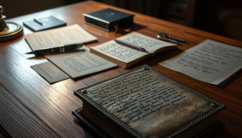 A well-lit wooden desk, its surface adorned with an array of analog tools - a sturdy pen, a tattered notebook, and an ornate metal key. In the foreground, a collection of handwritten notes and a weathered leather-bound book, their pages revealing a cryptic system of password storage. The background subtly fades into a dimly lit room, hinting at the importance and privacy of the information contained within. The overall atmosphere conveys a sense of timelessness and the enduring value of analog security practices in the digital age.