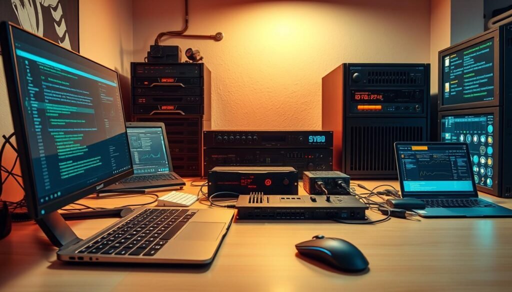 A well-lit workbench with an array of cybersecurity tools and technologies neatly arranged. In the foreground, a sleek laptop, a high-resolution monitor, and a professional-grade mouse. In the middle ground, an open-source penetration testing framework, a network protocol analyzer, and a hardware security key. In the background, a rack-mounted server, a cloud storage drive, and a state-of-the-art firewall. The scene is illuminated by a warm, soft light, creating a professional and productive atmosphere. The angle is slightly elevated, providing a comprehensive view of the setup, emphasizing the importance and practicality of these tools in a cybersecurity career.