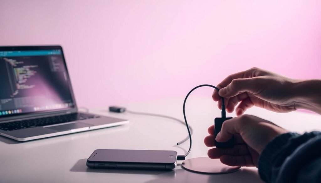 A well-lit workspace with a laptop, smartphone, and a cable connecting them. In the foreground, a hand carefully connects the devices, emphasizing the safe and controlled sideload process. The background features a clean, minimalist environment, conveying a sense of focus and security. Soft, directional lighting casts subtle shadows, adding depth and a professional atmosphere. The scene suggests a methodical, step-by-step approach to sideloading APKs, prioritizing the user's device safety and security.
