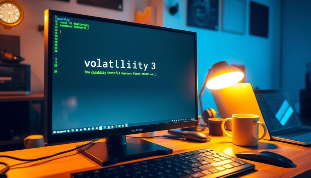 A well-lit workstation, the screen displaying a terminal window with the command "volatility3 install" prominently shown. The desk surface is neatly organized, with a laptop, coffee mug, and other office supplies in the background. Warm, focused lighting illuminates the scene, creating a professional, productive atmosphere. The angle is slightly elevated, capturing the entire setup in a clean, visually appealing composition. The image conveys a sense of focus, expertise, and the methodical process of setting up a powerful memory forensics tool. A well-lit workstation, the screen displaying a terminal window with the command "volatility3 install" prominently shown. The desk surface is neatly organized, with a laptop, coffee mug, and other office supplies in the background. Warm, focused lighting illuminates the scene, creating a professional, productive atmosphere. The angle is slightly elevated, capturing the entire setup in a clean, visually appealing composition. The image conveys a sense of focus, expertise, and the methodical process of setting up a powerful memory forensics tool.
