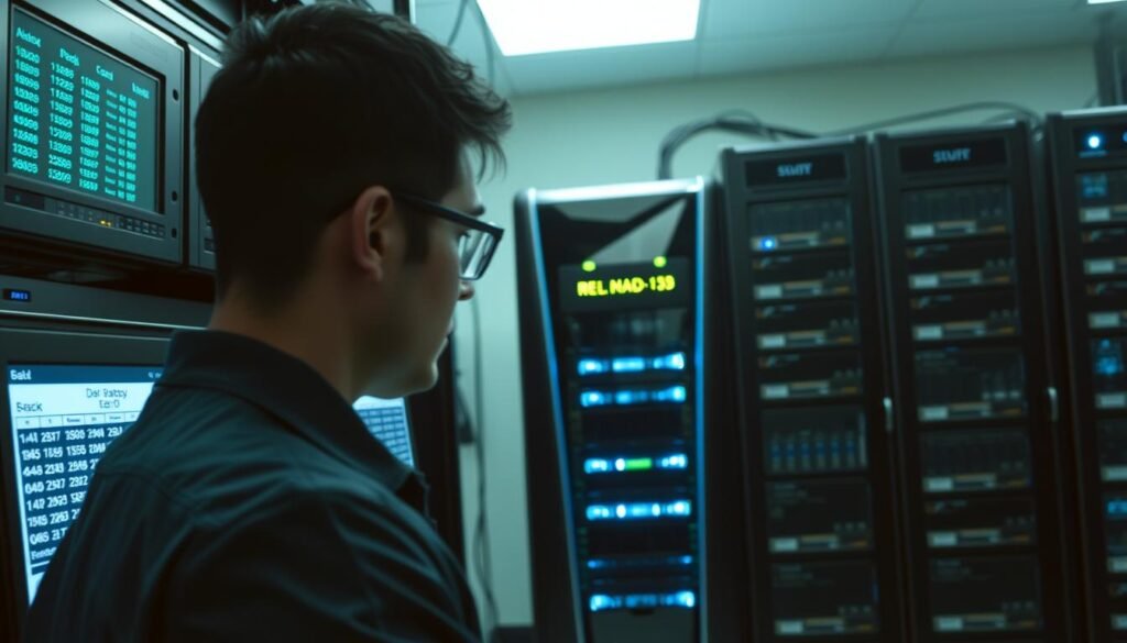 A well-organized data center with multiple servers, each displaying a detailed backup schedule on their screens. In the foreground, a technician carefully monitoring the backup process, their face illuminated by the soft glow of the computer screens. The middle ground features a sleek, modern data storage system, its flashing lights and cooling fans suggesting the efficient handling of critical data. In the background, a series of high-capacity backup drives, their labelled cabinets hinting at a comprehensive and secure backup strategy. The scene conveys a sense of professionalism, attention to detail, and a commitment to safeguarding valuable information.