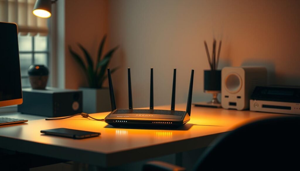 A well-organized home network with a centrally placed WiFi router, its status lights glowing softly in a dimly lit room. The router is positioned on a clean, minimalist desk, its sleek design blending seamlessly into the modern decor. Warm task lighting illuminates the scene, casting subtle shadows that highlight the router's angles and curves. The surrounding space is uncluttered, with just a few carefully selected objects nearby, creating a sense of focus and efficiency. The overall atmosphere conveys a sense of control and security, reflecting the critical importance of properly configuring a home network router.