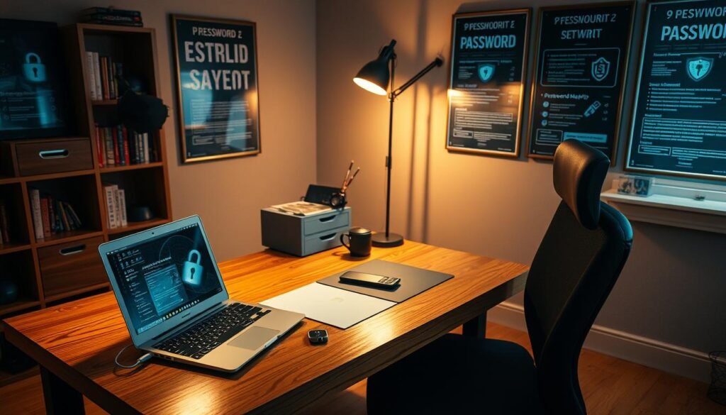 A well-organized home office with a sturdy oak desk and ergonomic chair. On the desk, a laptop and smartphone are neatly arranged, alongside a password manager app and a physical security key. Soft, indirect lighting from a floor lamp casts a warm glow, creating a focused, productive atmosphere. The walls are adorned with framed cybersecurity posters, emphasizing the importance of password maintenance. In the background, a bookshelf displays security-related books and publications. The overall scene conveys a sense of diligence, organization, and commitment to digital safety. A well-organized home office with a sturdy oak desk and ergonomic chair. On the desk, a laptop and smartphone are neatly arranged, alongside a password manager app and a physical security key. Soft, indirect lighting from a floor lamp casts a warm glow, creating a focused, productive atmosphere. The walls are adorned with framed cybersecurity posters, emphasizing the importance of password maintenance. In the background, a bookshelf displays security-related books and publications. The overall scene conveys a sense of diligence, organization, and commitment to digital safety.