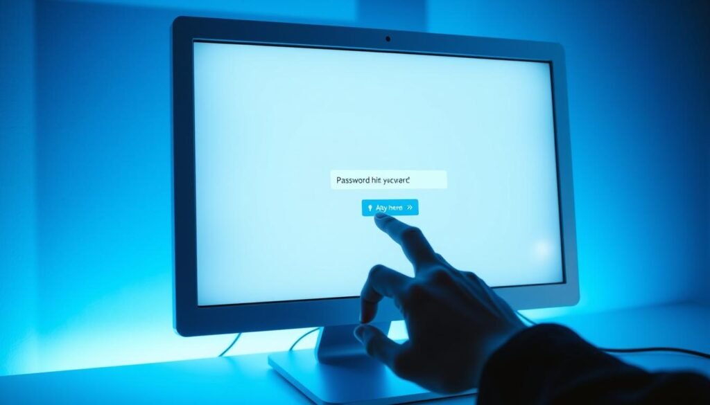 A white computer monitor displays an email login screen, the cursor blinking on the password field. A hand reaches from the side, typing in a password recovery hint question. The scene is illuminated by cool, blue-tinted lighting, casting long shadows. The composition is centered, with the monitor taking up the middle ground, and the hand emerging from the left side of the frame. The atmosphere is tense and ominous, conveying the gravity of the forensic investigation detailed in the article.