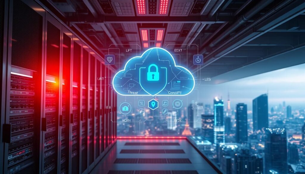 An advanced cloud computing environment with robust security measures. In the foreground, a secure data center with servers and racks, highlighted by dramatic lighting and sharp angles. In the middle ground, a holographic display showcases real-time security analytics, threat monitoring, and access control systems. The background depicts a serene, futuristic cityscape shrouded in a soft, ambient glow, symbolizing the integration of cloud infrastructure into the urban landscape. The overall mood conveys a sense of technological sophistication, power, and unwavering protection. An advanced cloud computing environment with robust security measures. In the foreground, a secure data center with servers and racks, highlighted by dramatic lighting and sharp angles. In the middle ground, a holographic display showcases real-time security analytics, threat monitoring, and access control systems. The background depicts a serene, futuristic cityscape shrouded in a soft, ambient glow, symbolizing the integration of cloud infrastructure into the urban landscape. The overall mood conveys a sense of technological sophistication, power, and unwavering protection.
