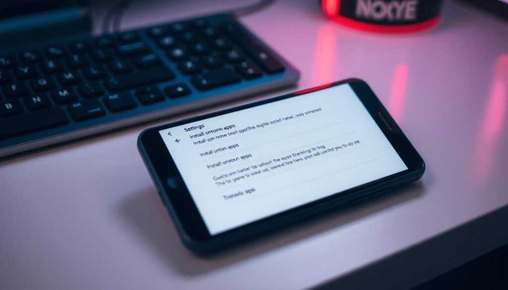 An android smartphone with its settings menu open, showcasing the "Install unknown apps" option. The device is placed on a clean, minimalist desk with a soft, diffused lighting setup, creating a professional and informative atmosphere. The camera angle is slightly elevated, providing a clear view of the screen and settings. The overall mood is one of focus and attention to detail, reflecting the importance of understanding device security settings.