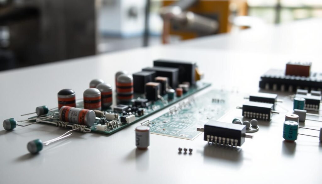 An elegant composition of various electronic components on a clean, minimalist surface. In the foreground, an assortment of resistors, capacitors, and integrated circuits arranged in a visually appealing pattern, their metallic bodies and colored bands catching the soft, directional lighting. In the middle ground, a printed circuit board with intricate copper traces and vias, its surface slightly reflective. In the background, a blurred backdrop of industrial machinery or factory equipment, suggesting the broader context of technological production and supply chain. The overall mood is one of precision, order, and the seamless integration of individual parts into a cohesive whole.