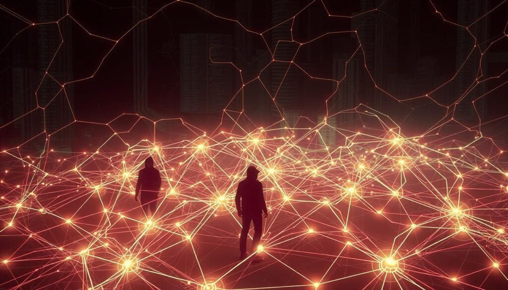 An ethereal network topology, its tangled web of connections illuminated by an eerie glow. In the foreground, the netfilter module stands as a guardian, its intricate code overlaying the scene. Shadowy figures lurk in the background, probing for vulnerabilities, their presence felt but not seen. The atmosphere is tense, the air charged with the potential for remote attacks. Crisp, high-contrast lighting casts sharp angles, highlighting the complex interplay of the network's components. This is a scene of high-impact flaws, where the fragility of the Linux kernel's networking core is laid bare.