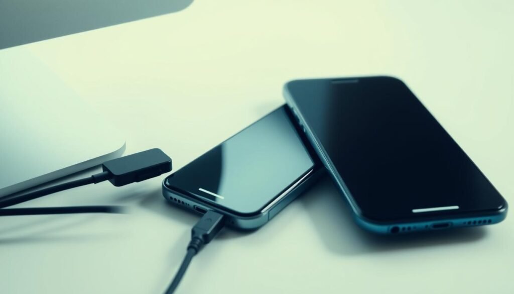 An iPhone connected to a computer, the sleek device resting on a clean, white desktop. The image is shot from a low angle, capturing the interaction between the two devices in a well-lit, minimalist setting. The lighting is soft and natural, creating a sense of clarity and focus. The background is a simple, uncluttered expanse, allowing the connection between the iPhone and computer to be the central focus. The overall mood is one of efficiency and technological harmony, reflecting the careful process of verifying app updates and avoiding scams.