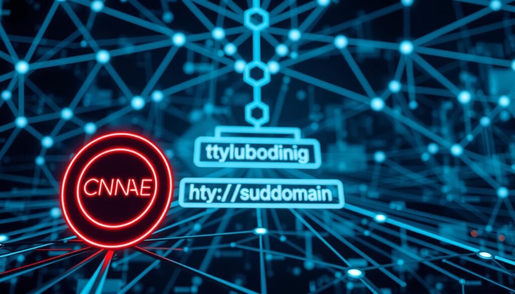 An intricate network diagram showcasing the interplay between a CNAME record and its associated subdomain. The foreground depicts a prominent CNAME icon, its edges glowing with a subtle sheen, symbolizing the underlying technical infrastructure. In the middle ground, a subdomain URL appears, its letters slightly distorted, hinting at the potential for exploitation. The background features a stylized DNS tree, its branches converging towards the focal point, creating a sense of depth and interconnectedness. The scene is bathed in a cool, technical palette, with diffused lighting casting gentle shadows, emphasizing the precise, engineering-driven nature of the subject matter. The overall atmosphere evokes a sense of both technical complexity and the potential vulnerabilities inherent in the CNAME-subdomain relationship. An intricate network diagram showcasing the interplay between a CNAME record and its associated subdomain. The foreground depicts a prominent CNAME icon, its edges glowing with a subtle sheen, symbolizing the underlying technical infrastructure. In the middle ground, a subdomain URL appears, its letters slightly distorted, hinting at the potential for exploitation. The background features a stylized DNS tree, its branches converging towards the focal point, creating a sense of depth and interconnectedness. The scene is bathed in a cool, technical palette, with diffused lighting casting gentle shadows, emphasizing the precise, engineering-driven nature of the subject matter. The overall atmosphere evokes a sense of both technical complexity and the potential vulnerabilities inherent in the CNAME-subdomain relationship.