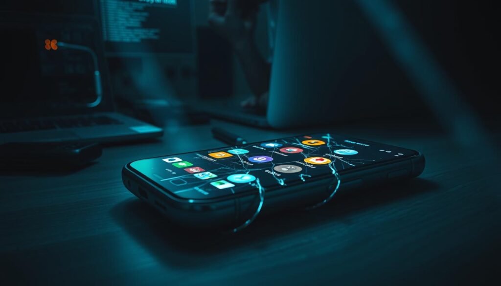 An old smartphone lying on a dimly lit desk, its screen cracked and outdated app icons flickering. In the background, a shadowy figure hunches over a laptop, lines of code reflecting on their face. Sinister tentacles of malware reach out from the phone, enveloping the scene in an ominous atmosphere. Shafts of eerie blue light cast an ominous glow, underscoring the vulnerability of legacy Android apps and the persistent threat they pose in the digital landscape.