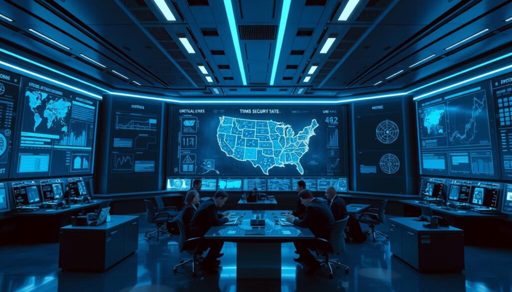 Cinematic wide-angle shot of a sleek, high-tech command center overlooking the United States, with a large display wall showcasing critical security data and analysis. Soft blue lighting illuminates the room, creating an authoritative yet serene atmosphere. In the foreground, a team of executives in formal attire huddle around a central table, engaged in a serious discussion. The background features a panoramic view of the country, subtly hinting at the scope and importance of the nation's security operations. Crisp details, clean lines, and a sense of precision convey the professionalism and expertise of those responsible for safeguarding the United States.
