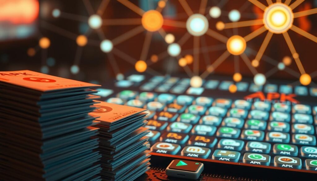 Detailed image of various APK files in a digital environment. A stack of Android application package files in the foreground, with a grid of additional APK icons in the middle ground. In the background, a network of interconnected nodes and lines, symbolizing the spread of cracked APKs outside of official app stores. Soft, warm lighting illuminates the scene, creating a slightly ominous atmosphere. The image conveys the technical nature of APK files and the potential privacy risks associated with their distribution outside of authorized channels.