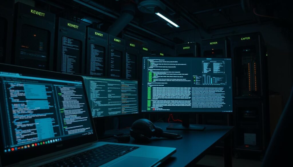 Detailed malware analysis workstation in a dark, industrial-style cybersecurity lab. In the foreground, a laptop displays complex data visualizations, program code, and security logs. In the middle ground, a large, high-resolution monitor showcases intricate malware disassembly and reverse engineering tools. The background is filled with server racks, blinking network equipment, and a few subtle neon accents, creating an intense, hacker-like atmosphere. Dramatic, contrasty lighting casts deep shadows, emphasizing the seriousness and complexity of the malware analysis process. Detailed malware analysis workstation in a dark, industrial-style cybersecurity lab. In the foreground, a laptop displays complex data visualizations, program code, and security logs. In the middle ground, a large, high-resolution monitor showcases intricate malware disassembly and reverse engineering tools. The background is filled with server racks, blinking network equipment, and a few subtle neon accents, creating an intense, hacker-like atmosphere. Dramatic, contrasty lighting casts deep shadows, emphasizing the seriousness and complexity of the malware analysis process.