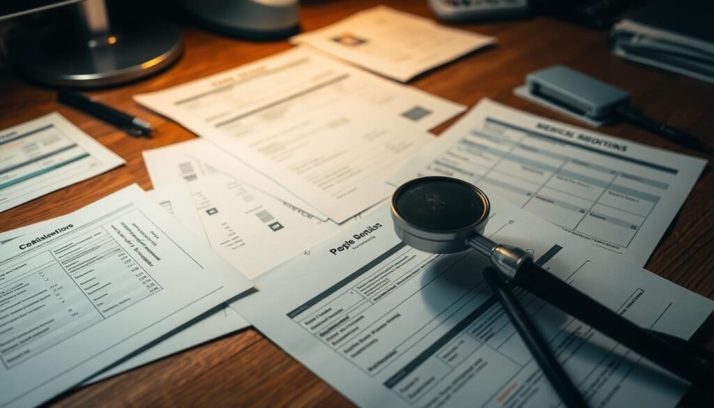 Detailed medical records laid out on a wooden desk, with a sense of confidentiality and privacy breach. Crisp, high-resolution scans of documents, test results, and personal information, illuminated by a warm, focused light from the side. The layout suggests a sense of exposure and compromise, as if the records have been illicitly obtained. Subtle shadows and depth of field create a somber, unsettling mood, reflecting the gravity of the situation. The overall composition conveys the vulnerability of sensitive data in the hands of cybercriminals.