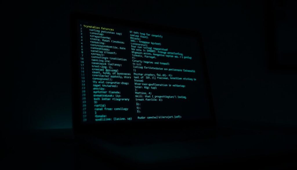 Detailed schematic of Trojan source code, appearing on a laptop screen in a dark, dimly-lit room. The code is displayed in a monospaced font, with lines of text scrolling vertically. Subtle green and blue hues cast an ominous glow, suggesting the malicious nature of the code. The laptop is positioned at a slight angle, creating a sense of depth and perspective. The background is obscured, keeping the focus on the screen and the code. The overall atmosphere is tense and unsettling, hinting at the potential danger of hidden malware within free software. Detailed schematic of Trojan source code, appearing on a laptop screen in a dark, dimly-lit room. The code is displayed in a monospaced font, with lines of text scrolling vertically. Subtle green and blue hues cast an ominous glow, suggesting the malicious nature of the code. The laptop is positioned at a slight angle, creating a sense of depth and perspective. The background is obscured, keeping the focus on the screen and the code. The overall atmosphere is tense and unsettling, hinting at the potential danger of hidden malware within free software.