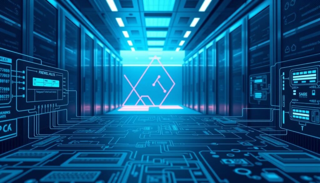 Detailed schematic of a complex firewall system, with a clean, minimalist aesthetic. Crisp, technical diagrams of firewall rules, protocols, and port configurations occupy the foreground, bathed in cool, bluish tones. In the middle ground, abstract geometric shapes and lines symbolize network traffic flow, while the background depicts a sleek, futuristic data center environment with subtle lighting and subtle shadows. The overall tone is one of precision, control, and the importance of proper firewall management to secure network infrastructure.
