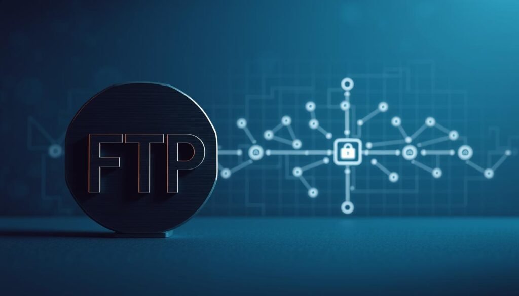 Detailed technical schematic of the FTP (File Transfer Protocol) symbol, rendered in a sleek, minimalist style. The foreground depicts the iconic FTP icon - a stylized letter "F" with a directional arrow, rendered in a muted metallic tone against a shadowy backdrop. The middle ground features a grid-like network diagram, with interconnected nodes and lines representing the flow of data across an FTP server infrastructure. The background is a cool-toned, subtly textured surface, suggesting the digital realm of network communications. Lighting is uniform and directional, creating depth and emphasizing the technical nature of the subject. The overall aesthetic evokes a sense of professionalism, efficiency, and the importance of secure data transfer. Detailed technical schematic of the FTP (File Transfer Protocol) symbol, rendered in a sleek, minimalist style. The foreground depicts the iconic FTP icon - a stylized letter "F" with a directional arrow, rendered in a muted metallic tone against a shadowy backdrop. The middle ground features a grid-like network diagram, with interconnected nodes and lines representing the flow of data across an FTP server infrastructure. The background is a cool-toned, subtly textured surface, suggesting the digital realm of network communications. Lighting is uniform and directional, creating depth and emphasizing the technical nature of the subject. The overall aesthetic evokes a sense of professionalism, efficiency, and the importance of secure data transfer.