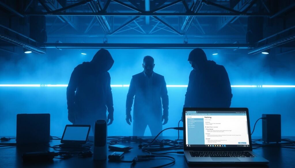 Hardened remote endpoints, backlit against a shadowy backdrop, their silhouettes casting long, ominous shapes. In the foreground, a laptop screen illuminates, displaying system updates and security configurations. Surrounding it, an array of devices - tablets, smartphones, and IoT sensors - all connected through a web of secure network cables. The scene is bathed in a cool, blue-tinted light, conveying a sense of vigilance and control over the digital perimeter. Overhead, geometric shapes and architectural elements suggest a futuristic, high-tech environment, underscoring the importance of fortifying remote access points in an increasingly distributed work landscape. Hardened remote endpoints, backlit against a shadowy backdrop, their silhouettes casting long, ominous shapes. In the foreground, a laptop screen illuminates, displaying system updates and security configurations. Surrounding it, an array of devices - tablets, smartphones, and IoT sensors - all connected through a web of secure network cables. The scene is bathed in a cool, blue-tinted light, conveying a sense of vigilance and control over the digital perimeter. Overhead, geometric shapes and architectural elements suggest a futuristic, high-tech environment, underscoring the importance of fortifying remote access points in an increasingly distributed work landscape.