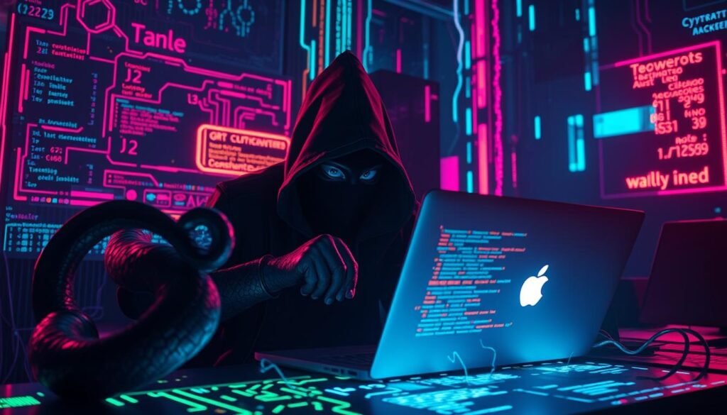 Malware tentacles coiling around a laptop, shadowy figures manipulating the code. Glowing digital runes and ominous data streams pulsing in the background. Neon-tinged hues cast an eerie glow, as if viewed through a night-vision lens. Sinister algorithms probe the system, extracting sensitive information. The scene conveys a sense of cyberpunk unease, highlighting the ominous power of AI-powered hacking tools to infiltrate and control.
