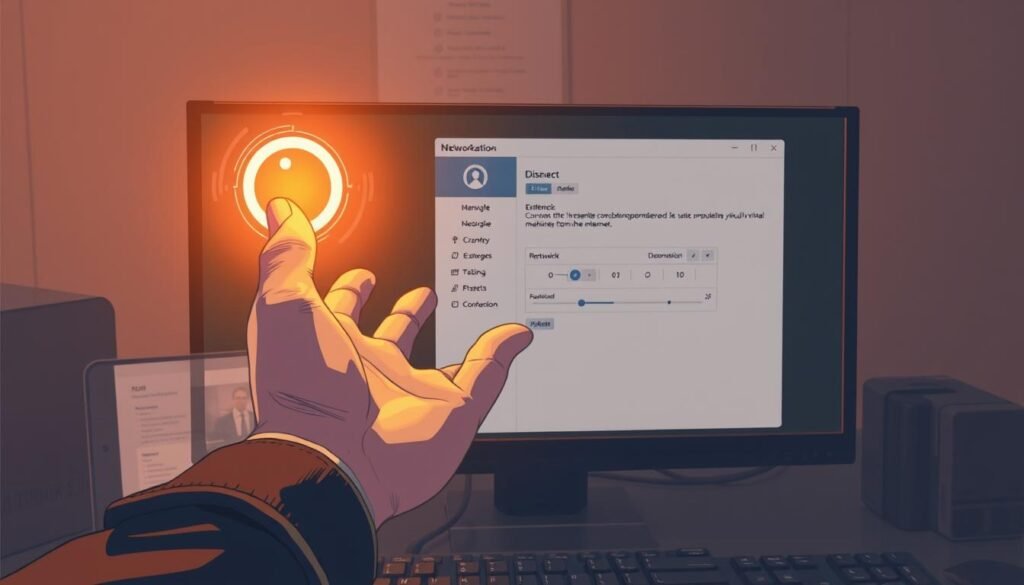 Prompt A high-resolution digital illustration depicting a computer desktop environment. In the foreground, a hand reaches towards a glowing disconnect button, signifying the immediate action to isolate a compromised virtual machine from the internet. The middle ground shows the open network settings menu, with clear indicators of network disconnection. The background features a muted, minimalist workspace layout, creating a sense of focus and urgency. The overall lighting is warm and natural, with soft shadows accentuating the depth and three-dimensional feel of the scene. The composition and camera angle emphasize the importance of the disconnect action, conveying a sense of decisive containment in the face of a potential cyber threat.