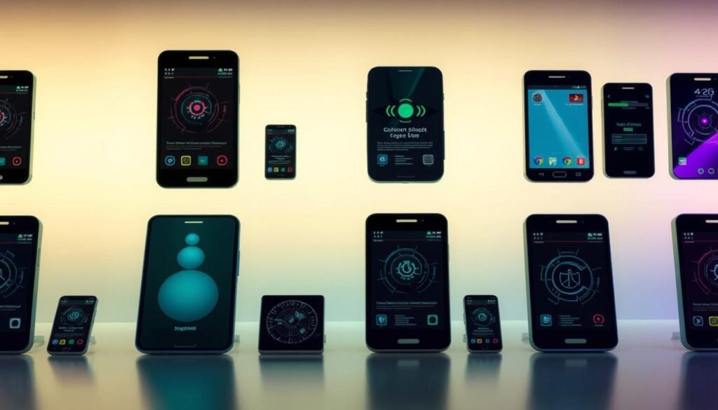 Sleek, modern app bundles arranged in a visually appealing grid layout. The bundles are presented against a clean, minimalist background with soft, even lighting that accentuates their form and colors. The perspective is slightly elevated, giving a birds-eye view of the arrangement, allowing the viewer to easily discern the different bundle types (AAB, APKS, APKM, XAPK). The overall mood is one of organization, clarity, and technological sophistication, reflecting the explanatory nature of the "App Bundles Explained" section.