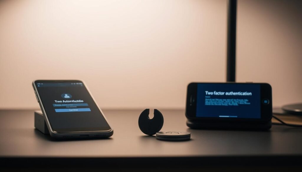 Two-factor authentication device on a modern desk, with a smartphone and security token in the foreground. Backlit by a soft, diffused light, casting subtle shadows. The setup is clean, minimalist, and conveys a sense of security and reliability. The smartphone's screen displays a login prompt, emphasizing the two-factor authentication process. The security token, with its distinctive design, is placed prominently, underscoring its role in the authentication workflow. The overall composition is balanced, drawing the viewer's attention to the core elements of this defensive mechanism against social engineering attacks.