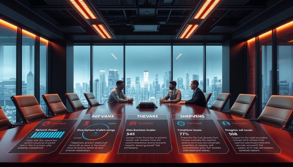 A boardroom table with sleek, modern chairs, illuminated by warm overhead lighting. In the foreground, a series of infographic panels display key cybersecurity metrics for small businesses - network threats, data breaches, compliance issues. The middle ground shows company leadership engaged in a discussion, expressions reflecting deep consideration. In the background, a large window overlooks a bustling city skyline, symbolizing the broader business landscape. The overall atmosphere is one of focused deliberation, conveying the urgency for small business owners to understand and act upon critical cybersecurity measures. A boardroom table with sleek, modern chairs, illuminated by warm overhead lighting. In the foreground, a series of infographic panels display key cybersecurity metrics for small businesses - network threats, data breaches, compliance issues. The middle ground shows company leadership engaged in a discussion, expressions reflecting deep consideration. In the background, a large window overlooks a bustling city skyline, symbolizing the broader business landscape. The overall atmosphere is one of focused deliberation, conveying the urgency for small business owners to understand and act upon critical cybersecurity measures.