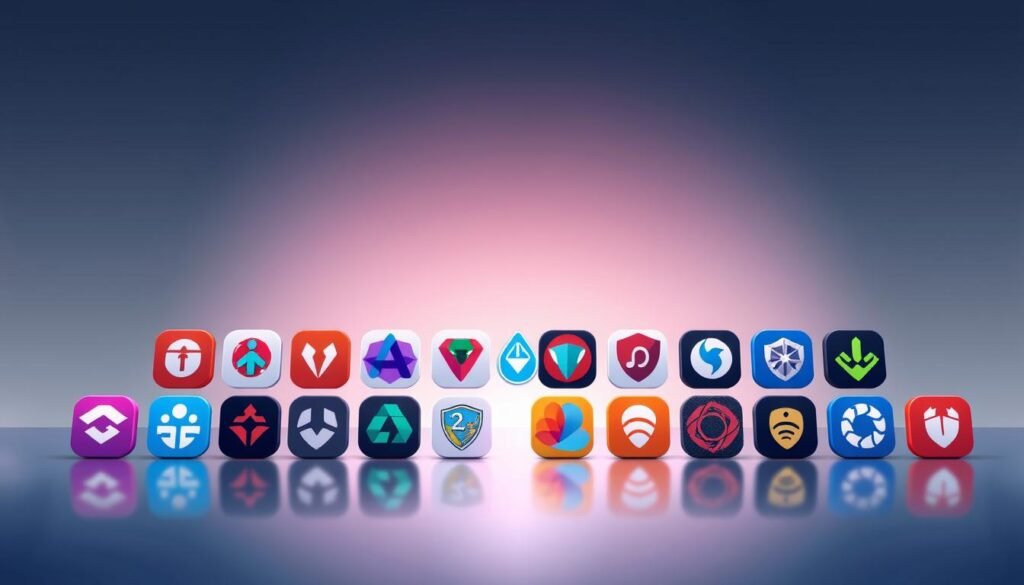 A bright, clean, and minimalist illustration showcasing a collection of diverse VPN app icons. The foreground features a grid arrangement of sleek, high-resolution app logos, each with a distinct shape, color, and design. The middle ground offers a subtle, blurred backdrop, allowing the apps to take center stage. The background is a soft, gradient-based surface, providing a calming and professional atmosphere. Subtle highlights and shadows give the icons a sense of depth and dimensionality, creating an engaging and visually appealing composition that captures the essence of modern, user-friendly VPN applications.