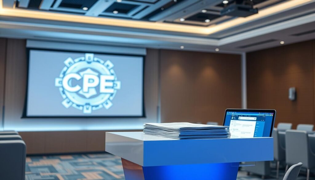 A brightly lit cybersecurity conference room, with a sleek modern podium at the center. On the podium, a stack of certification documents and a laptop displaying an online CPE course interface. In the background, a projection screen shows the CPE credits logo - an abstract graphic of interlocking gears and circuits. Soft lighting illuminates the scene, creating a professional, authoritative atmosphere. The overall composition conveys the ease and efficiency of earning valuable CPE credits through engaging digital learning activities.