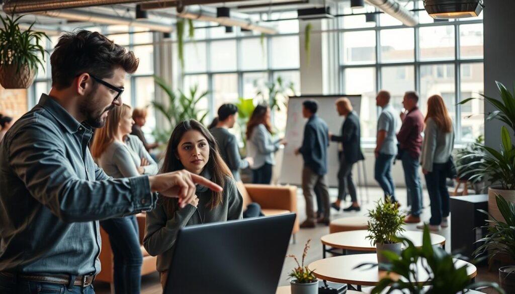 A bustling co-working space, with groups of professionals in casual attire engaged in animated discussions. In the foreground, a couple of people leaning over a laptop, pointing and gesturing. In the middle ground, a larger group clustered around a whiteboard, brainstorming ideas. The background is softly blurred, with a mix of modern furniture, potted plants, and natural lighting streaming in through floor-to-ceiling windows. The overall atmosphere is one of productive collaboration and networking, captured with a candid, documentary-style approach. A bustling co-working space, with groups of professionals in casual attire engaged in animated discussions. In the foreground, a couple of people leaning over a laptop, pointing and gesturing. In the middle ground, a larger group clustered around a whiteboard, brainstorming ideas. The background is softly blurred, with a mix of modern furniture, potted plants, and natural lighting streaming in through floor-to-ceiling windows. The overall atmosphere is one of productive collaboration and networking, captured with a candid, documentary-style approach.