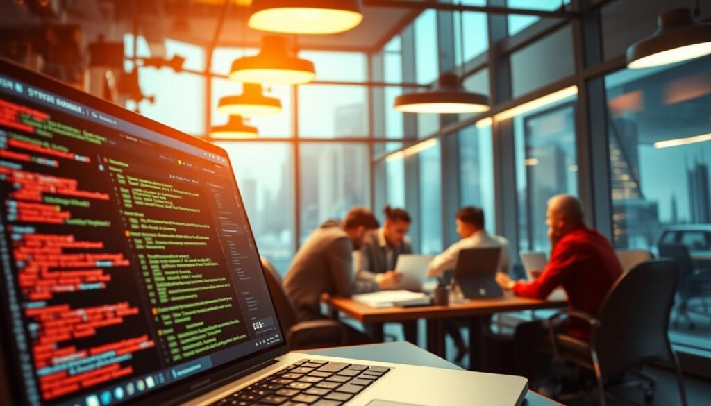 A bustling corporate office, bathed in the warm glow of overhead lighting. In the foreground, a laptop screen displays lines of code and a bug bounty program dashboard, showcasing vulnerabilities and monetary rewards. The middle ground features a team of cybersecurity experts, huddled around a conference table, poring over detailed reports and strategizing their next move. In the background, a cityscape through large windows, hinting at the broader scope and scale of the bug bounty program. The atmosphere is one of focused intensity, as the team works to address the vulnerabilities and protect the organization's digital assets. A bustling corporate office, bathed in the warm glow of overhead lighting. In the foreground, a laptop screen displays lines of code and a bug bounty program dashboard, showcasing vulnerabilities and monetary rewards. The middle ground features a team of cybersecurity experts, huddled around a conference table, poring over detailed reports and strategizing their next move. In the background, a cityscape through large windows, hinting at the broader scope and scale of the bug bounty program. The atmosphere is one of focused intensity, as the team works to address the vulnerabilities and protect the organization's digital assets.
