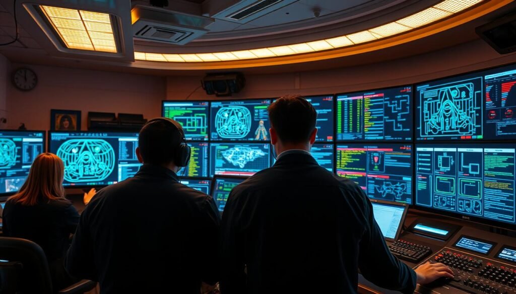 A bustling cybersecurity command center, with three professionals diligently monitoring multiple screens displaying intricate network diagrams and security alerts. Overhead lighting casts a warm glow, illuminating their focused expressions as they analyze data and collaborate to identify and mitigate potential threats. In the background, a sleek, high-tech control panel with a mix of digital and analog displays provides a sense of the advanced tools at their disposal. The scene conveys a palpable sense of urgency and expertise, highlighting the critical role these cybersecurity professionals play in safeguarding digital assets without the need for a traditional college degree. A bustling cybersecurity command center, with three professionals diligently monitoring multiple screens displaying intricate network diagrams and security alerts. Overhead lighting casts a warm glow, illuminating their focused expressions as they analyze data and collaborate to identify and mitigate potential threats. In the background, a sleek, high-tech control panel with a mix of digital and analog displays provides a sense of the advanced tools at their disposal. The scene conveys a palpable sense of urgency and expertise, highlighting the critical role these cybersecurity professionals play in safeguarding digital assets without the need for a traditional college degree.