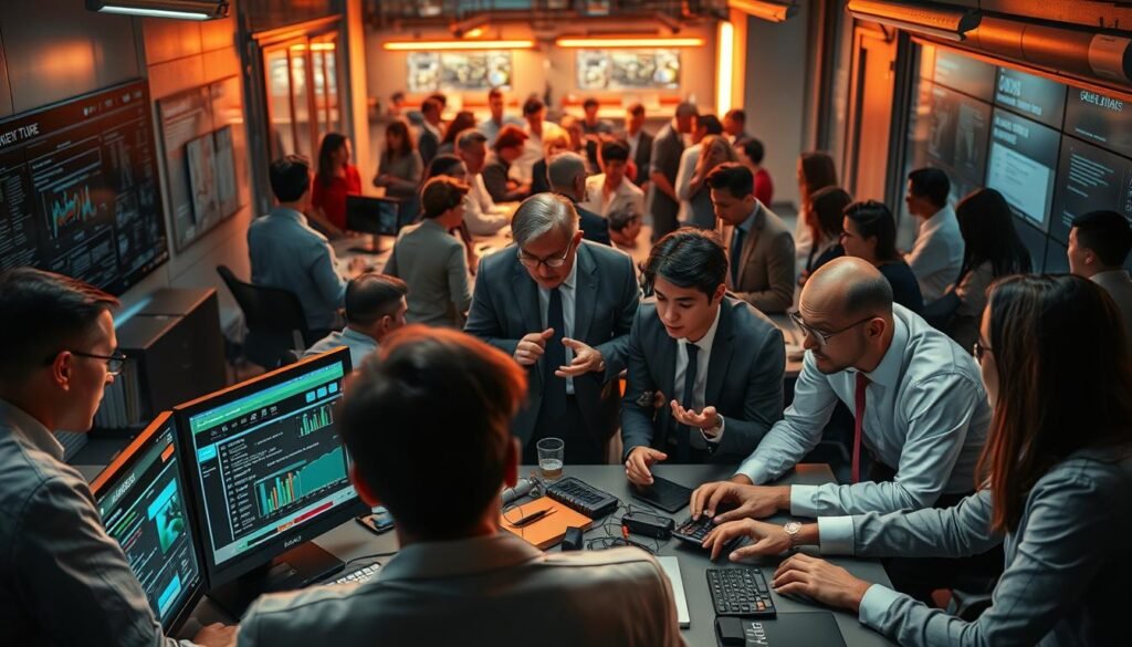 A bustling office scene, with various professionals engaged in their respective roles. In the foreground, a team of cybersecurity experts huddle around a central console, analyzing intricate data visualizations and monitoring security feeds. In the middle ground, managers and team leads confer, gesturing animatedly as they coordinate the incident response strategy. The background is dotted with support staff, each contributing their unique expertise to the collective effort. Warm lighting casts a sense of urgency, while the clean, modern aesthetic conveys a professional, high-stakes environment. The composition emphasizes the interconnectedness of roles, responsibilities, and escalation within the incident response process. A bustling office scene, with various professionals engaged in their respective roles. In the foreground, a team of cybersecurity experts huddle around a central console, analyzing intricate data visualizations and monitoring security feeds. In the middle ground, managers and team leads confer, gesturing animatedly as they coordinate the incident response strategy. The background is dotted with support staff, each contributing their unique expertise to the collective effort. Warm lighting casts a sense of urgency, while the clean, modern aesthetic conveys a professional, high-stakes environment. The composition emphasizes the interconnectedness of roles, responsibilities, and escalation within the incident response process.