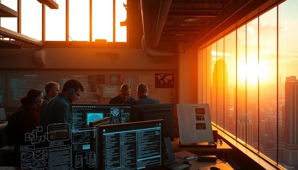 A bustling office space, bathed in the warm glow of a sunrise filtering through the windows. In the foreground, a team of cybersecurity experts huddles around a computer screen, analyzing a complex bug report. The middle ground showcases an array of whiteboards and digital displays, covered in intricate diagrams and lines of code. In the background, a panoramic view of a vibrant city skyline, hinting at the global scale of the bug bounty program. The atmosphere is one of intense focus and collaborative problem-solving, as the team works to uncover vulnerabilities and secure digital systems. Lighting is soft and natural, with a touch of drama in the shadows. The overall scene conveys the intellectual challenge and sense of purpose inherent in the world of bug bounty programs. A bustling office space, bathed in the warm glow of a sunrise filtering through the windows. In the foreground, a team of cybersecurity experts huddles around a computer screen, analyzing a complex bug report. The middle ground showcases an array of whiteboards and digital displays, covered in intricate diagrams and lines of code. In the background, a panoramic view of a vibrant city skyline, hinting at the global scale of the bug bounty program. The atmosphere is one of intense focus and collaborative problem-solving, as the team works to uncover vulnerabilities and secure digital systems. Lighting is soft and natural, with a touch of drama in the shadows. The overall scene conveys the intellectual challenge and sense of purpose inherent in the world of bug bounty programs.