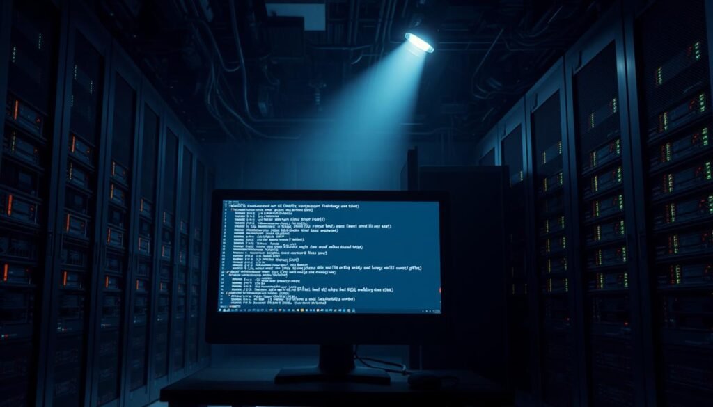 A cavernous, dimly lit server room, its walls adorned with blinking network equipment. In the foreground, a sleek desktop computer screen displays lines of menacing code - the telltale signs of a SQL injection attack. Shadows cast by the glow of the monitor create an ominous atmosphere, hinting at the potential damage that lurks beneath the surface. The scene is illuminated by a single, high-contrast spotlight, casting dramatic shadows and highlighting the technical details. The overall tone conveys a sense of unease and the urgent need to address the breach before it spirals out of control. A cavernous, dimly lit server room, its walls adorned with blinking network equipment. In the foreground, a sleek desktop computer screen displays lines of menacing code - the telltale signs of a SQL injection attack. Shadows cast by the glow of the monitor create an ominous atmosphere, hinting at the potential damage that lurks beneath the surface. The scene is illuminated by a single, high-contrast spotlight, casting dramatic shadows and highlighting the technical details. The overall tone conveys a sense of unease and the urgent need to address the breach before it spirals out of control.