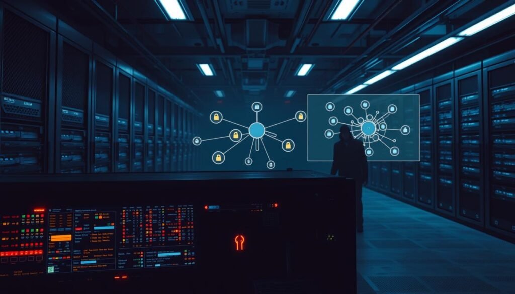 A cavernous server room, dimly lit with a cold, sterile atmosphere. In the foreground, a firewall console displays a chaotic array of open ports and permissive rules, representing a woefully inadequate security posture. The middle ground features a network diagram overlaid with glaring security vulnerabilities, while the background depicts a shadowy figure, lurking and poised to exploit these misconfigurations. The scene conveys a sense of impending danger, underscoring the critical need for a comprehensive firewall audit to identify and address the most dangerous rule misconfigurations threatening network security.