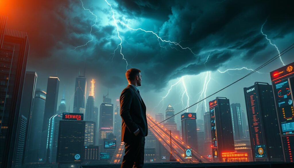 A cinematic, dramatic scene of a cybersecurity professional's career growth in the dynamic and rapidly expanding industry. In the foreground, a person stands confidently, wearing a sharp suit and tie, gazing out at a vast, futuristic cityscape filled with skyscrapers, servers, and glowing digital interfaces. The middle ground features a progression of career steps, such as diplomas, certifications, and badges, representing the individual's development and expertise. In the background, a powerful storm rages, with lightning bolts cutting through the sky, symbolizing the constant threats and challenges faced in the cybersecurity field. Warm, directional lighting illuminates the subject, creating a sense of determination and resilience. The overall mood is one of ambition, growth, and the ever-increasing importance of cybersecurity professionals in the modern, technology-driven world. A cinematic, dramatic scene of a cybersecurity professional's career growth in the dynamic and rapidly expanding industry. In the foreground, a person stands confidently, wearing a sharp suit and tie, gazing out at a vast, futuristic cityscape filled with skyscrapers, servers, and glowing digital interfaces. The middle ground features a progression of career steps, such as diplomas, certifications, and badges, representing the individual's development and expertise. In the background, a powerful storm rages, with lightning bolts cutting through the sky, symbolizing the constant threats and challenges faced in the cybersecurity field. Warm, directional lighting illuminates the subject, creating a sense of determination and resilience. The overall mood is one of ambition, growth, and the ever-increasing importance of cybersecurity professionals in the modern, technology-driven world.
