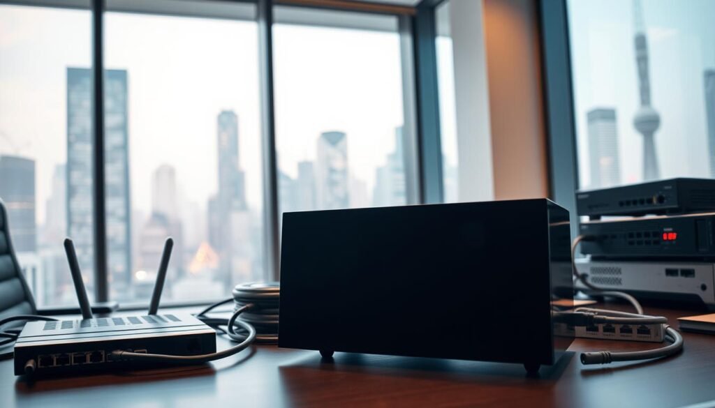 A clean and modern office interior, with a large window overlooking a bustling city skyline. In the foreground, a sleek and minimalist firewall device sits on a desk, its status indicators glowing softly. Surrounding the firewall are various network security components, such as a router, a network switch, and a series of Ethernet cables. The lighting is soft and warm, creating a professional and focused atmosphere. The angle is slightly elevated, providing a comprehensive view of the setup. The overall composition highlights the importance of these network security features in a small business environment. A clean and modern office interior, with a large window overlooking a bustling city skyline. In the foreground, a sleek and minimalist firewall device sits on a desk, its status indicators glowing softly. Surrounding the firewall are various network security components, such as a router, a network switch, and a series of Ethernet cables. The lighting is soft and warm, creating a professional and focused atmosphere. The angle is slightly elevated, providing a comprehensive view of the setup. The overall composition highlights the importance of these network security features in a small business environment.