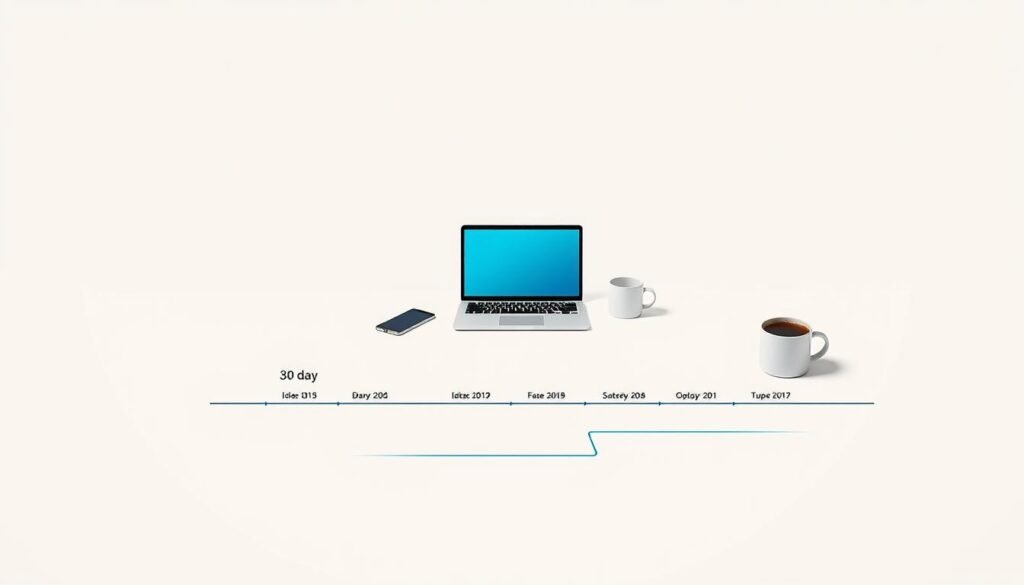 A clean, minimalist design with a road map profile on a neutral background. In the foreground, a simplified 30-day timeline with key milestones highlighted. The middle ground features a laptop, smartphone, and coffee cup, symbolic of daily networking and job search activities. The background has a faint grid or calendar pattern, emphasizing the structured, step-by-step nature of the 30-day plan. The overall aesthetic is professional, focused, and slightly subdued, conveying a sense of intentionality and productivity. Soft, diffused lighting from above casts gentle shadows, creating depth and dimension. The composition is balanced, with the central elements arranged in a visually pleasing layout. A clean, minimalist design with a road map profile on a neutral background. In the foreground, a simplified 30-day timeline with key milestones highlighted. The middle ground features a laptop, smartphone, and coffee cup, symbolic of daily networking and job search activities. The background has a faint grid or calendar pattern, emphasizing the structured, step-by-step nature of the 30-day plan. The overall aesthetic is professional, focused, and slightly subdued, conveying a sense of intentionality and productivity. Soft, diffused lighting from above casts gentle shadows, creating depth and dimension. The composition is balanced, with the central elements arranged in a visually pleasing layout.