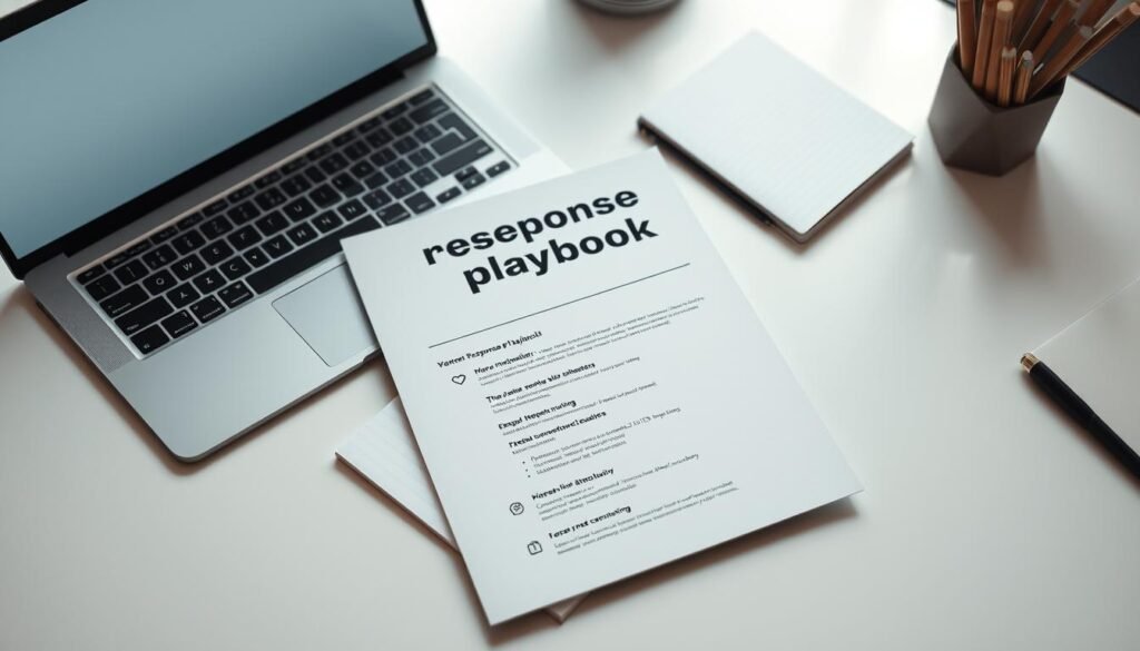 A clean, minimalist workspace with a laptop, notepad, and a stylized "response playbook" document prominently displayed. The document has a sleek, professional design, with clean lines and a muted color palette. The lighting is soft and diffused, creating a calm, focused atmosphere. The camera angle is slightly elevated, providing a birds-eye view of the scene, emphasizing the organized and deliberate nature of the "response playbook". The background is blurred, keeping the attention on the key elements of the composition.