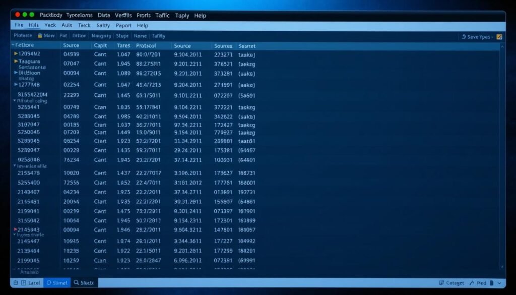 A clean, well-lit interface GUI displaying a detailed packet list. The foreground features a neatly organized table with columns showcasing protocol, source, destination, and other relevant network traffic data. The middle ground has a toolbar with intuitive icons and dropdown menus, allowing for easy navigation and customization. The background subtly blends shades of blue and grey, creating a professional, technical atmosphere. Soft shadows and subtle highlights accentuate the depth and clarity of the elements. The overall scene conveys a sense of focused analysis, ready to help a beginner understand the intricacies of network traffic capture and monitoring. A clean, well-lit interface GUI displaying a detailed packet list. The foreground features a neatly organized table with columns showcasing protocol, source, destination, and other relevant network traffic data. The middle ground has a toolbar with intuitive icons and dropdown menus, allowing for easy navigation and customization. The background subtly blends shades of blue and grey, creating a professional, technical atmosphere. Soft shadows and subtle highlights accentuate the depth and clarity of the elements. The overall scene conveys a sense of focused analysis, ready to help a beginner understand the intricacies of network traffic capture and monitoring.