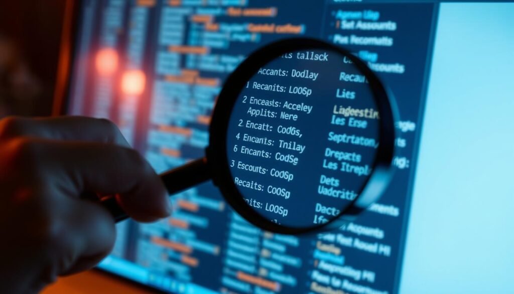 A close-up view of a computer screen displaying a web application with a series of rows and columns representing user accounts. The foreground features a magnifying glass hovering over the screen, casting a sharp focus on the screen contents. The middle ground depicts a developer's hands manipulating the magnifying glass, conveying a sense of careful examination. The background is softly blurred, emphasizing the intense scrutiny of the IDOR (Insecure Direct Object Reference) vulnerability. The scene is illuminated by a warm, focused light, creating a mood of investigative exploration and technical precision. A close-up view of a computer screen displaying a web application with a series of rows and columns representing user accounts. The foreground features a magnifying glass hovering over the screen, casting a sharp focus on the screen contents. The middle ground depicts a developer's hands manipulating the magnifying glass, conveying a sense of careful examination. The background is softly blurred, emphasizing the intense scrutiny of the IDOR (Insecure Direct Object Reference) vulnerability. The scene is illuminated by a warm, focused light, creating a mood of investigative exploration and technical precision.