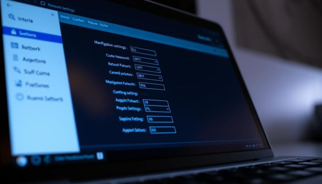 A close-up view of a laptop screen displaying a router's administration interface, with various input fields and menu options for configuring network settings. The screen is well-lit, with a clean and professional appearance, conveying a sense of technical expertise and attention to detail. The angle emphasizes the importance of securing one's home network, with the router's settings being a crucial point of vulnerability that needs to be properly managed. A close-up view of a laptop screen displaying a router's administration interface, with various input fields and menu options for configuring network settings. The screen is well-lit, with a clean and professional appearance, conveying a sense of technical expertise and attention to detail. The angle emphasizes the importance of securing one's home network, with the router's settings being a crucial point of vulnerability that needs to be properly managed.